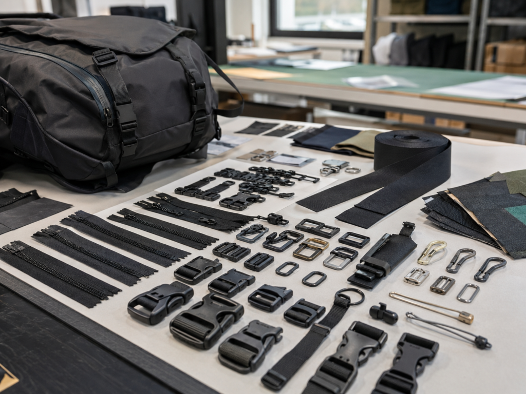 Bag accessory selection including zippers, buckles, webbing straps, pullers and trim components for custom bag manufacturing.