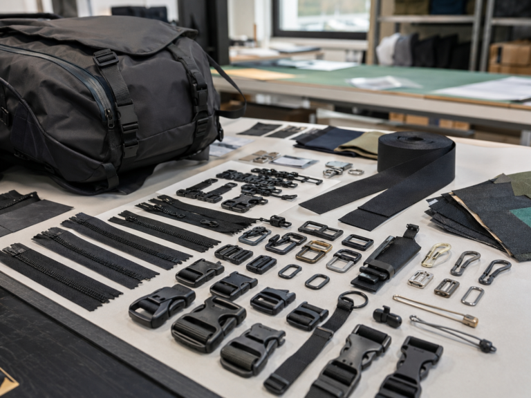 Bag accessory selection including zippers, buckles, webbing straps, pullers and trim components for custom bag manufacturing.