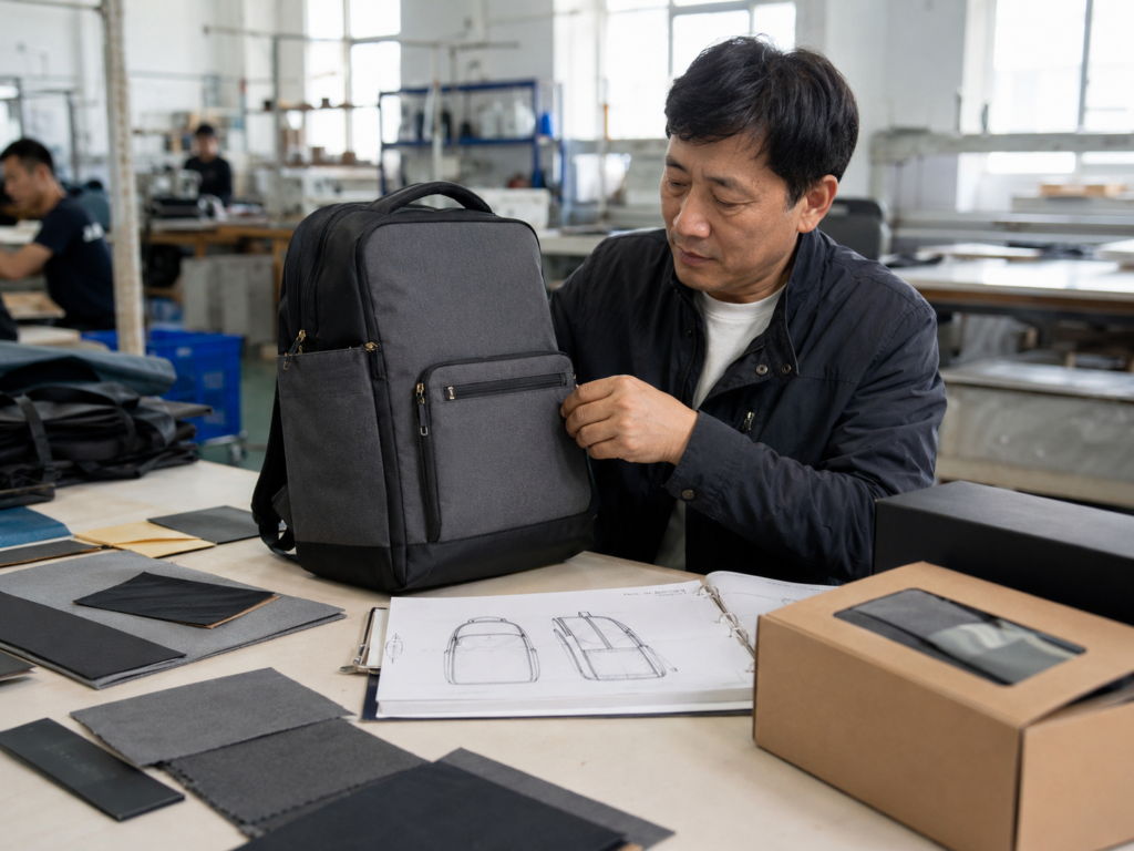 Physical bag sample development process for confirming materials, construction, branding and packaging before bulk production.