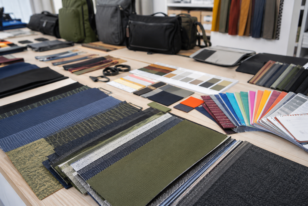 Fabric and color selection for custom bags including nylon, polyester, canvas, recycled materials and seasonal color options.