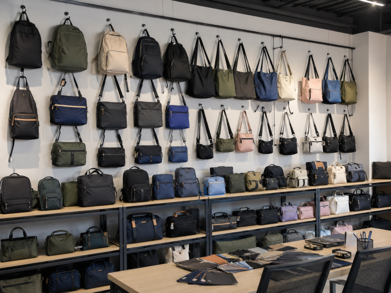 Private label casual bag manufacturer offering custom branded backpacks, tote bags and crossbody bags with woven labels, hangtags and retail packaging.