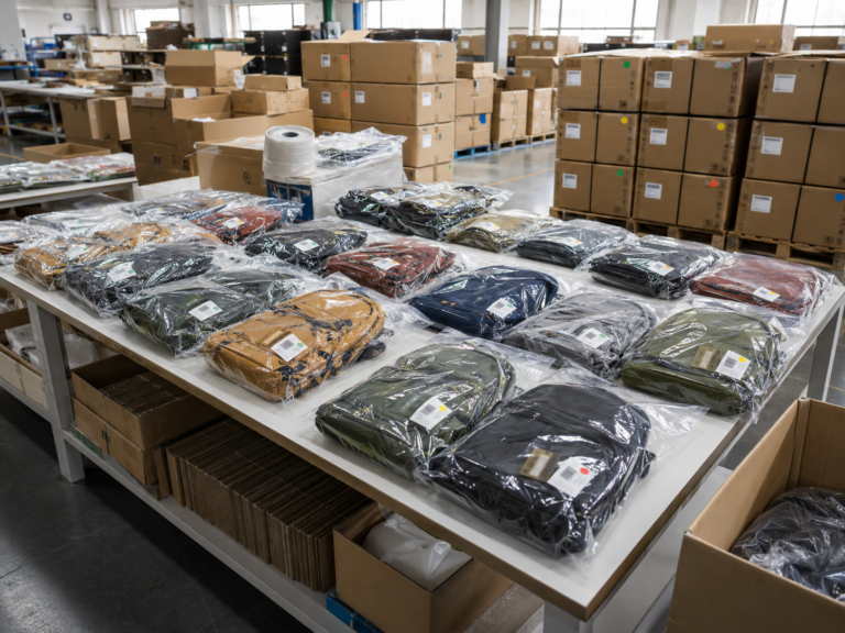 Retail-ready bag packing solution with polybags, hangtags, barcode labels, color stickers and export carton preparation.